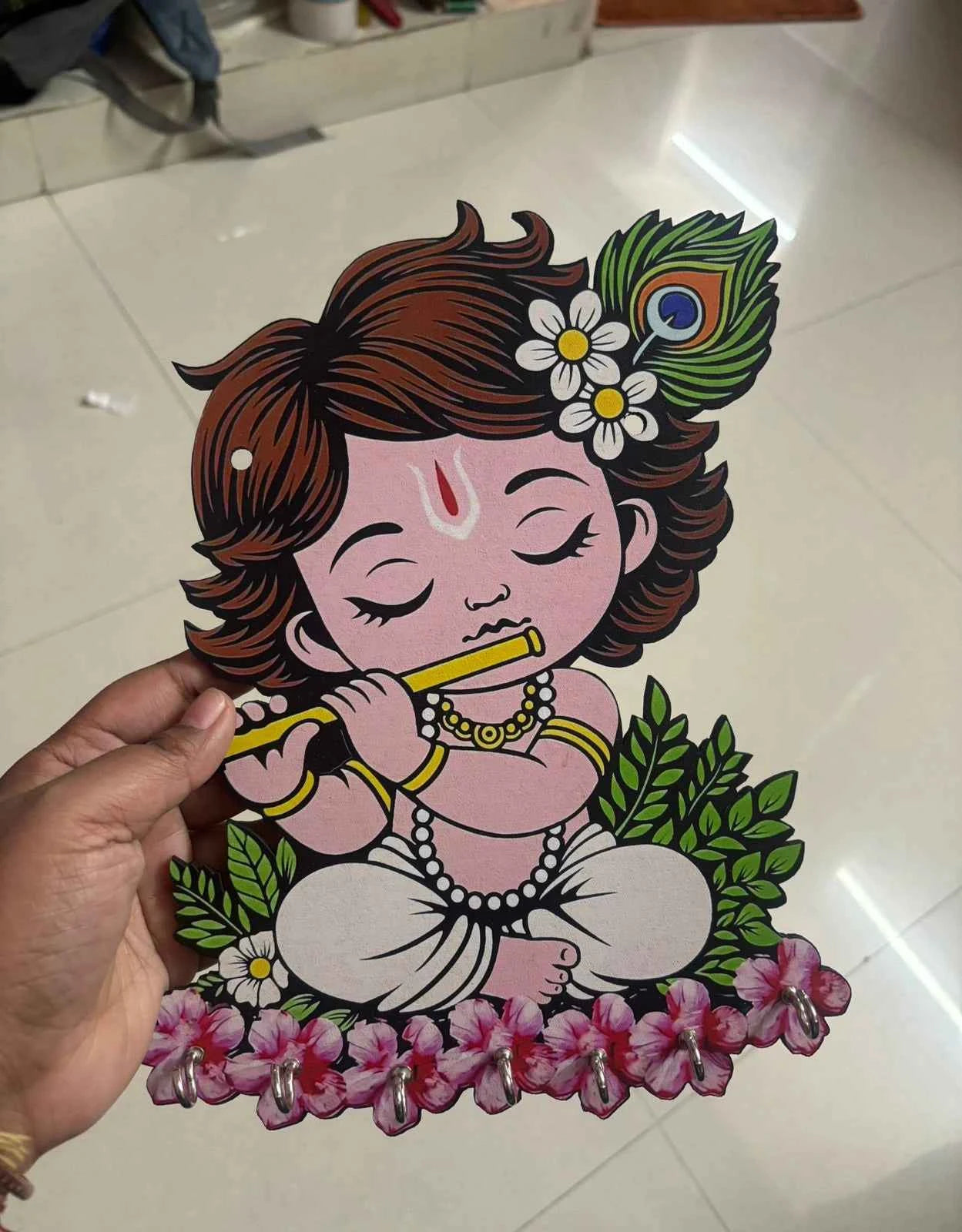 Baby Krishna MDF Wall Key Holder with Floral Hooks for Home Decor