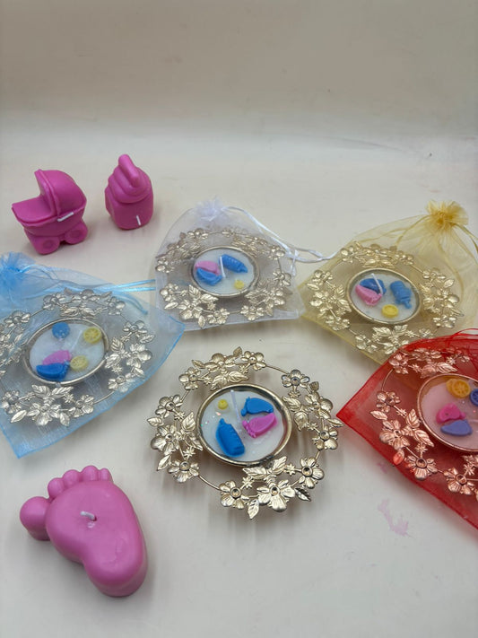 Baby theme decorative candle with flower design metal stand for baby shower and home decor