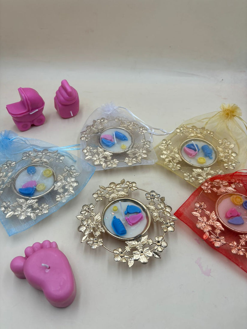Baby theme decorative candle with flower design metal stand for baby shower and home decor