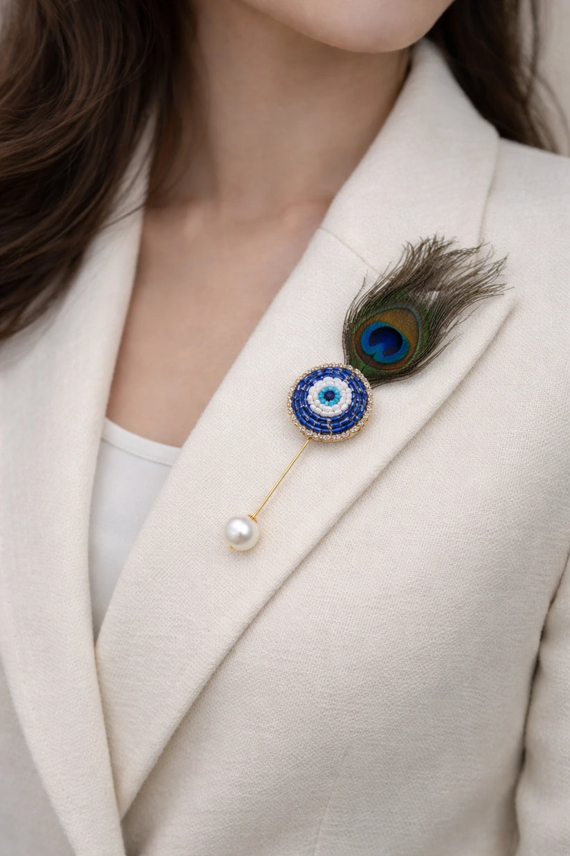 Blue evil eye protection brooch with gold finish for kurta and blazer