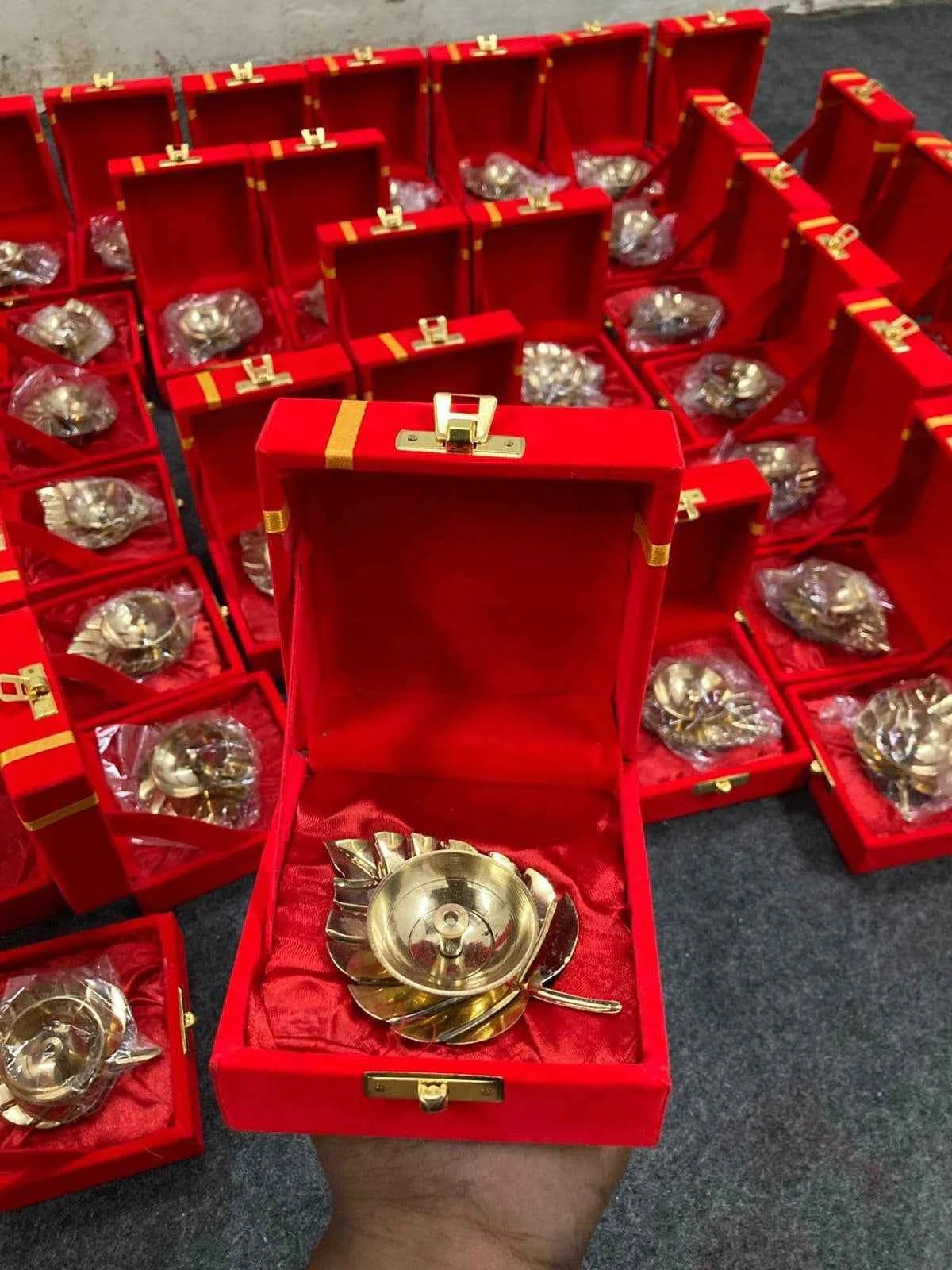 Brass Akhand Diya in Red Velvet Box | Wedding Return Gift & Pooja Gift