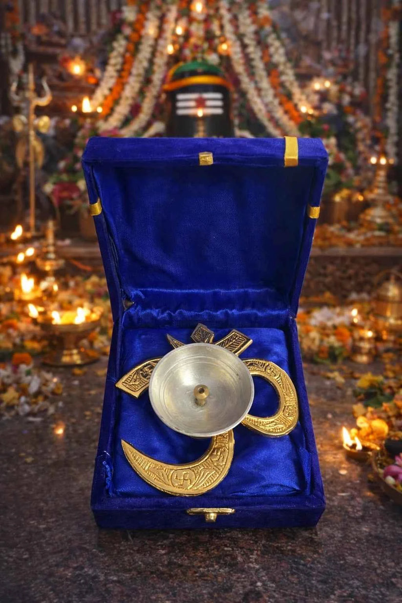 Brass Om Design Diya with Blue Velvet Box for Pooja, Diwali Decoration, Temple Use and Gift Purpose