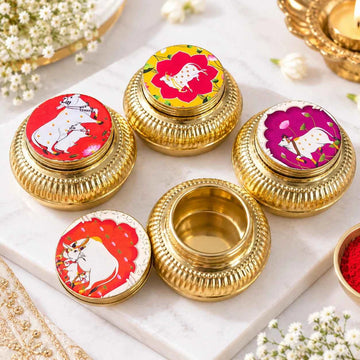 Brass Sindoor Box 3 Inch with Colorful Cow Design | Traditional Sindoor Dani for Pooja, Wedding, Bridal Gift & Festive Decor
