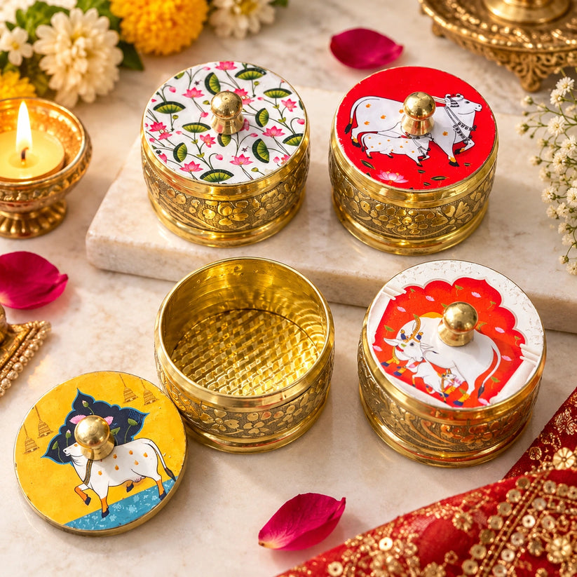 Brass sindoor box with colorful cow design for pooja, wedding and traditional gifting