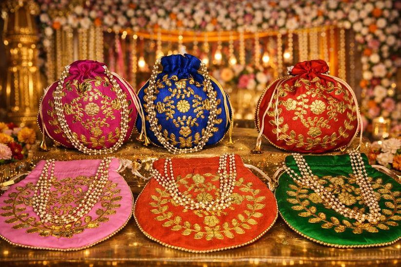 Gota Patti potli bag with pearl handle for wedding and festive wear