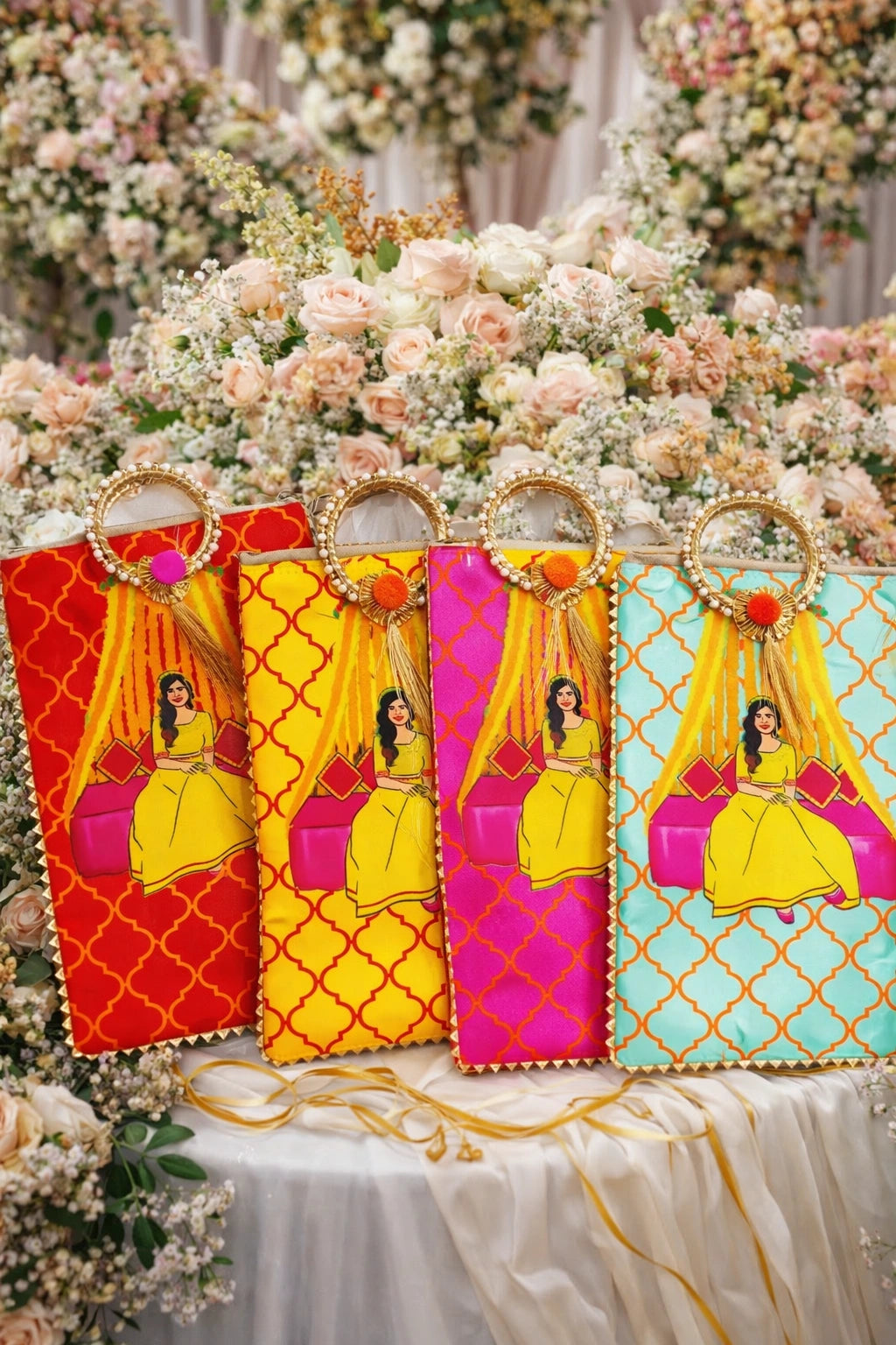 Beautiful bridal haldi mehndi hand bag with traditional wedding design for festive gifting