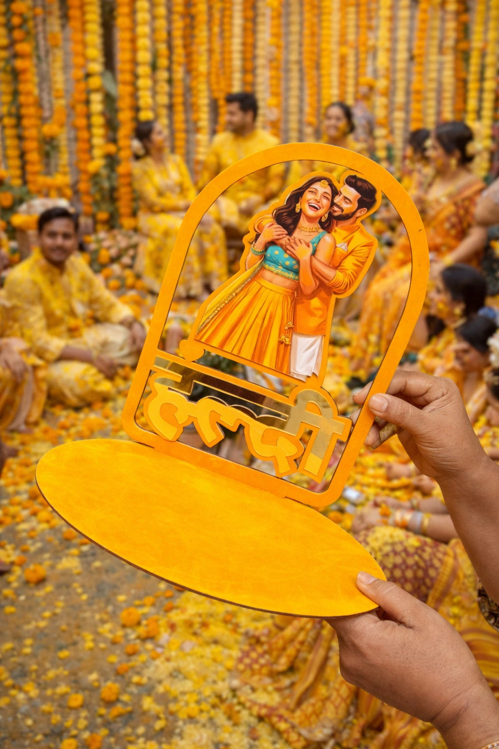 Bridal haldi ceremony platter with artistic couple design for mehendi and haldi