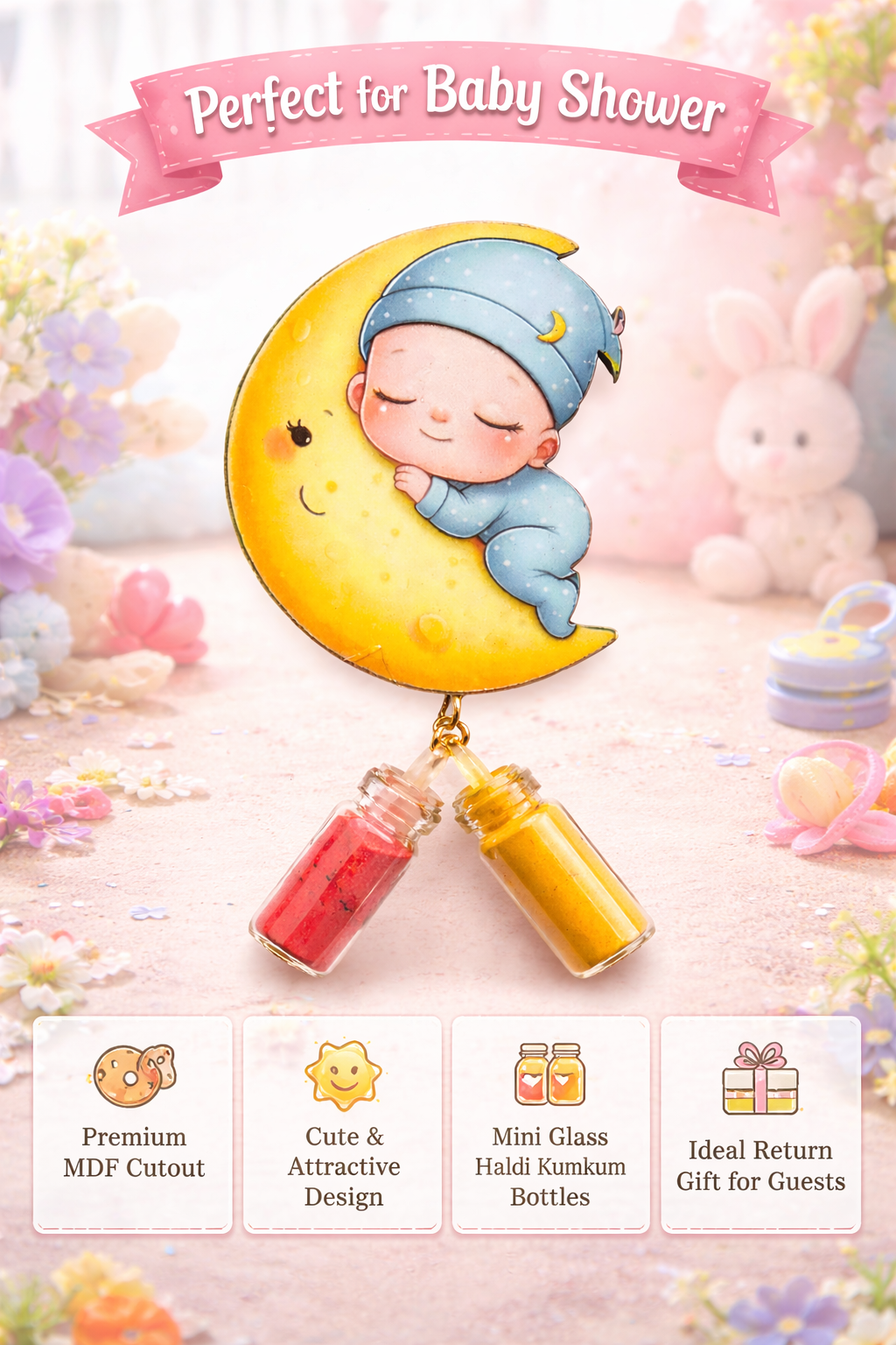 Sleeping Baby on Moon Cutout with Haldi Kumkum – Baby Shower Return Gift
