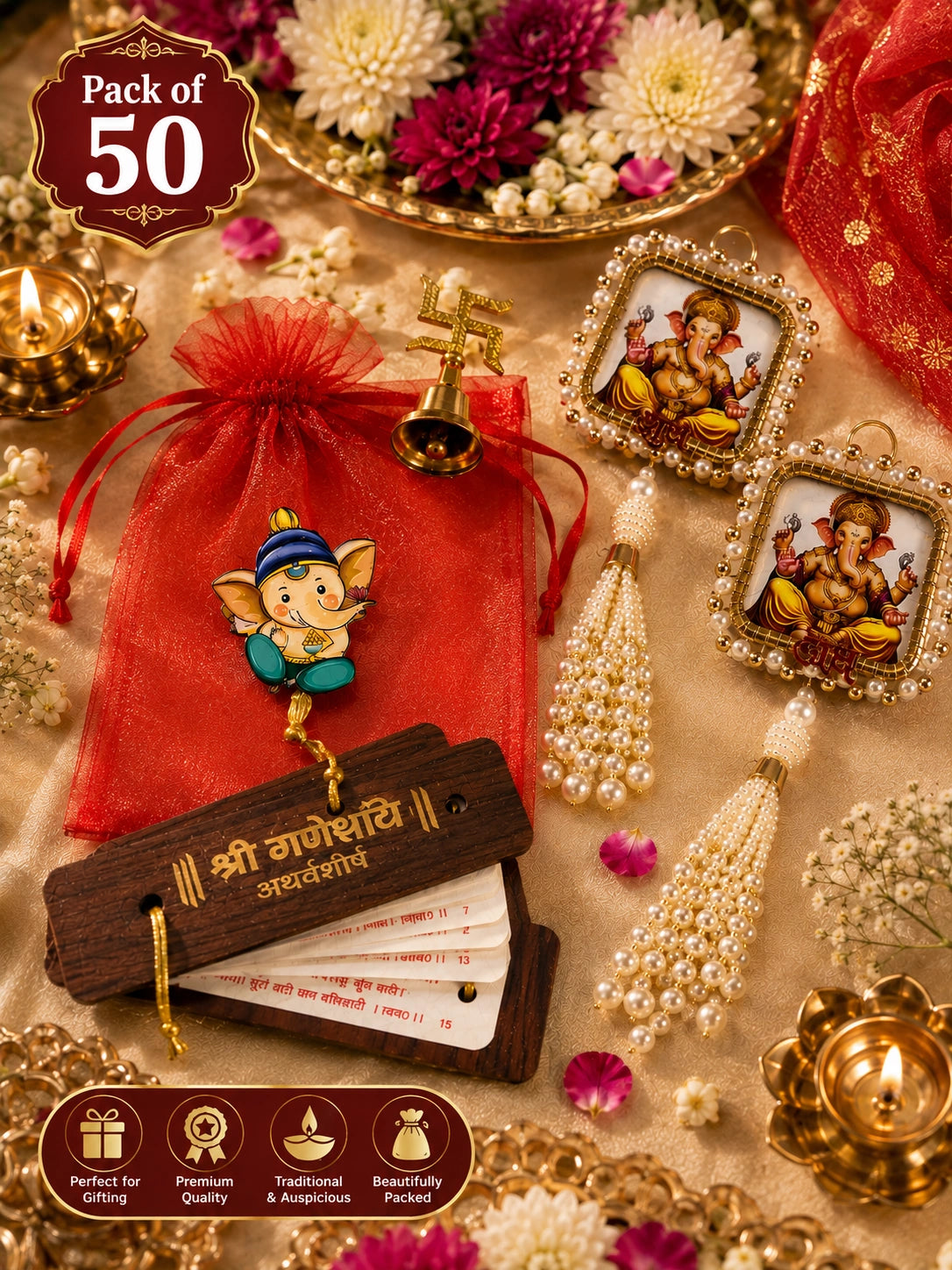 Ganesh Shubh Labh Gift Hamper with Atharvashirsha, Bell & Potli
