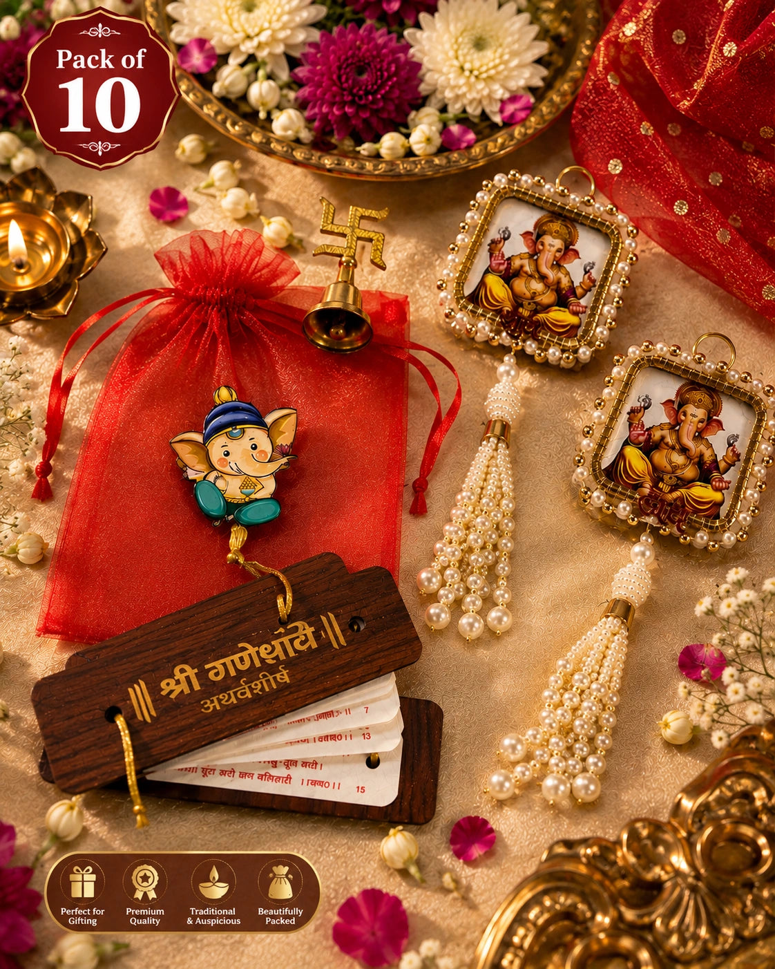 Ganesh Shubh Labh Gift Hamper with Atharvashirsha, Bell & Potli