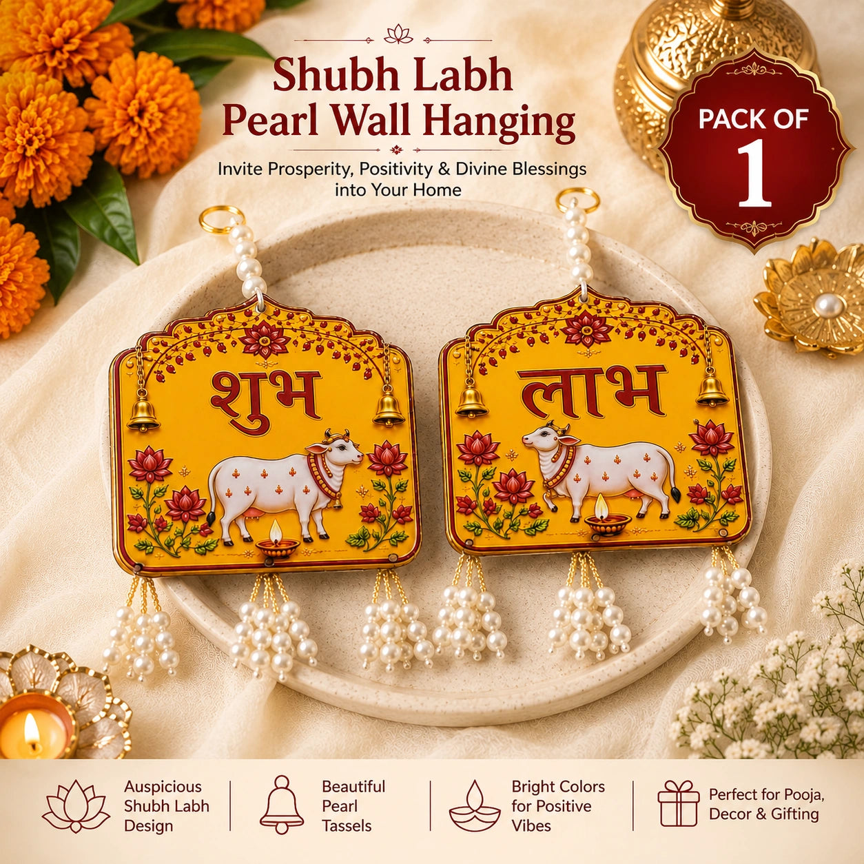 Shubh Labh Door Hanging with Pearl Tassels