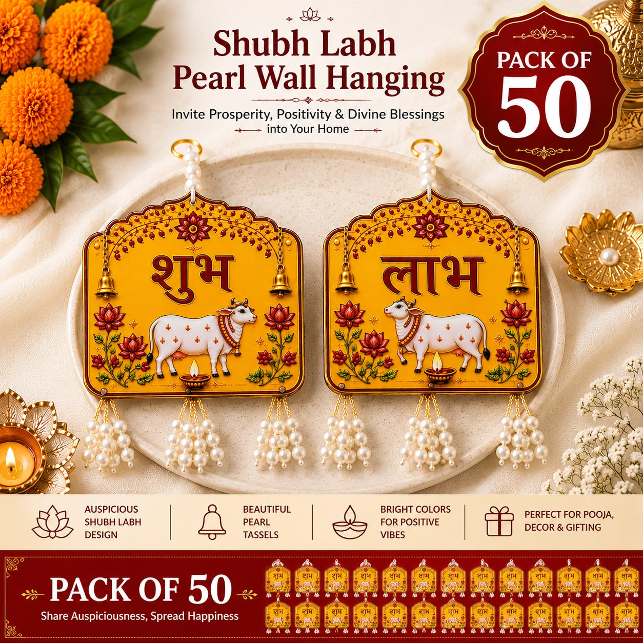 Shubh Labh Door Hanging with Pearl Tassels