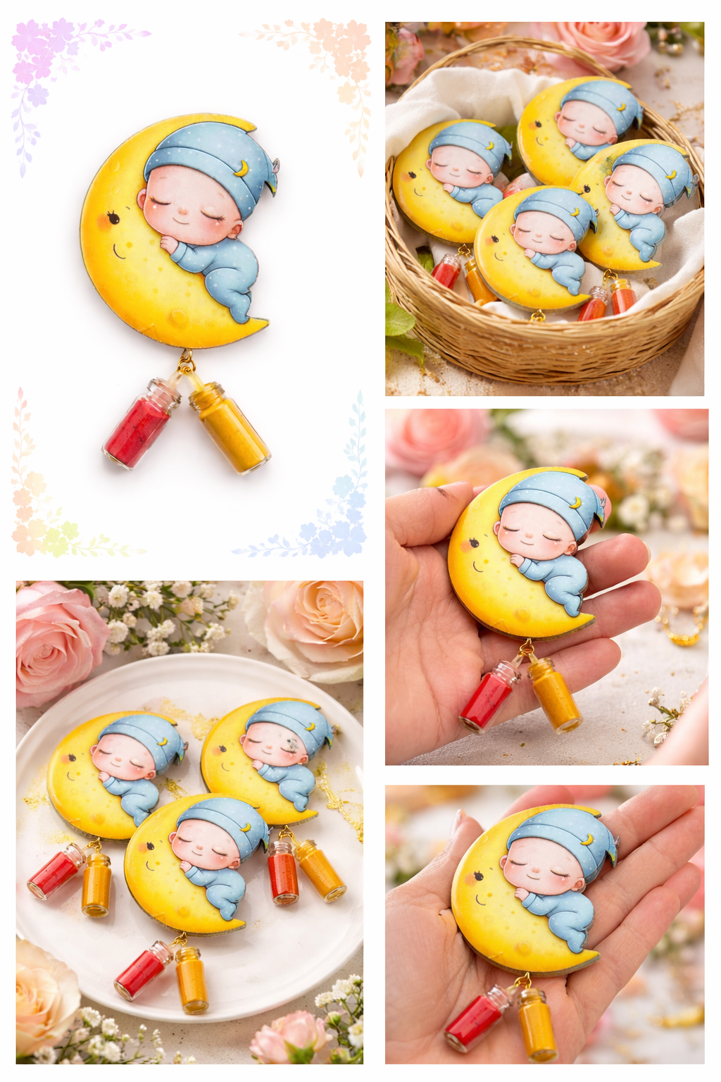 Sleeping Baby on Moon Cutout with Haldi Kumkum – Baby Shower Return Gift