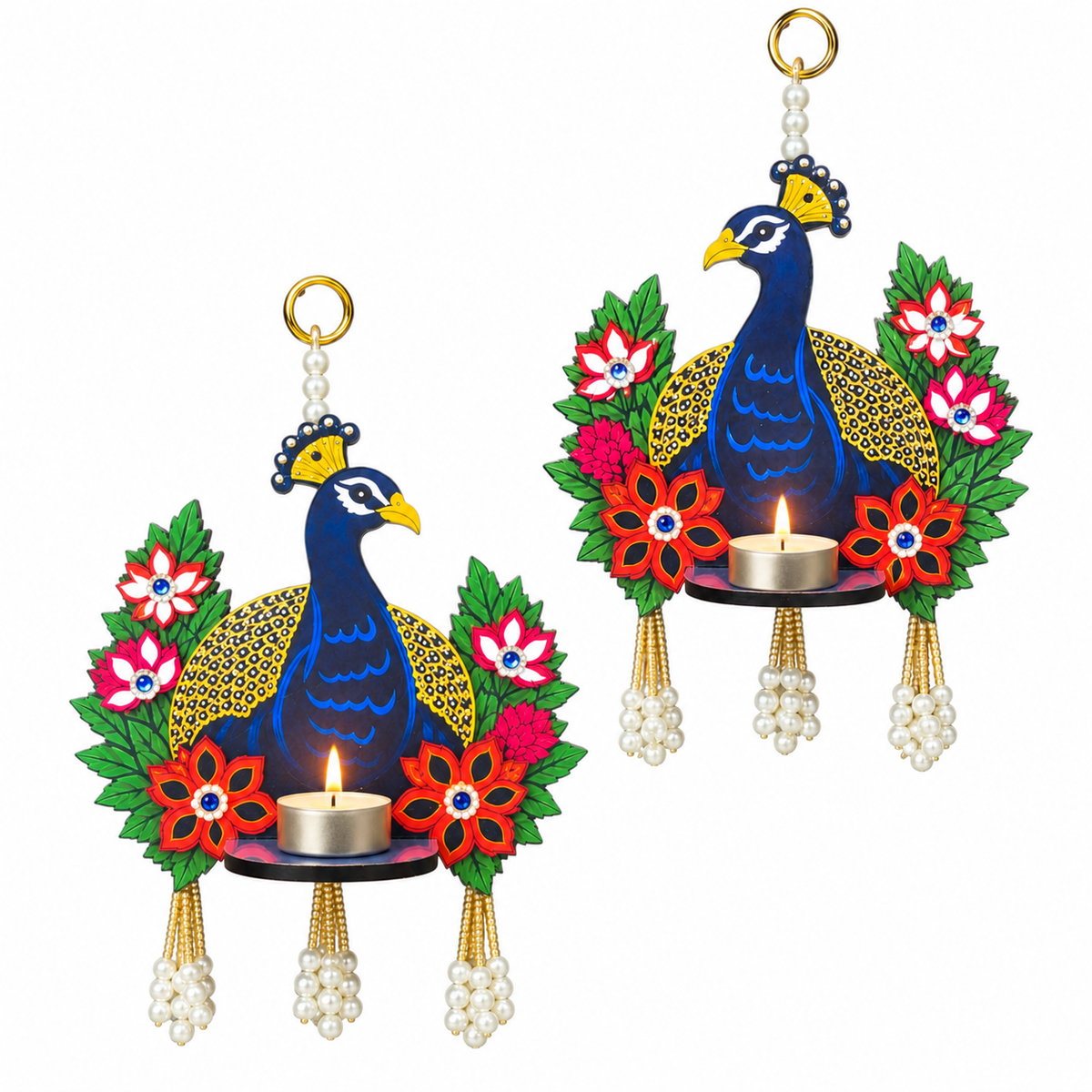 Decorative Peacock Tea Light Holder Hanging with Pearl Tassels for Diwali, Pooja & Festive Decor