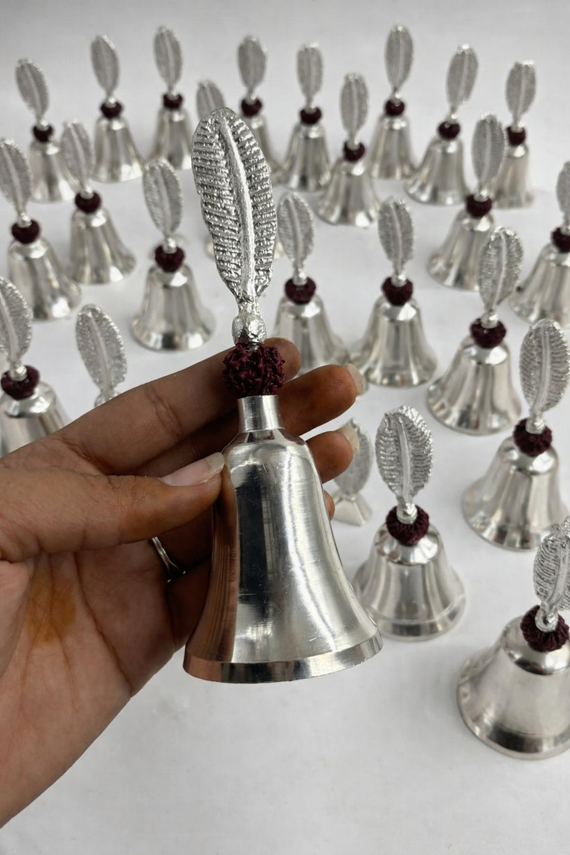 close view of rudraksha design pooja bell in antique finish