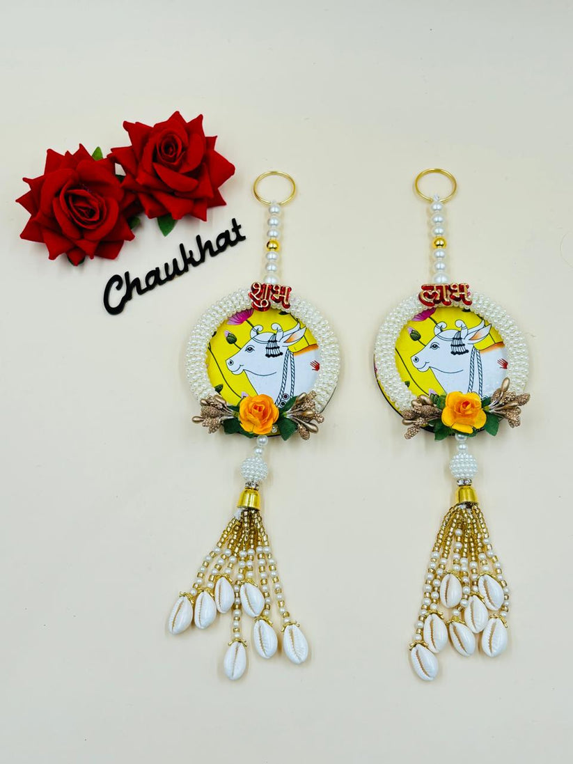 Handmade codi and pearl shubh labh pair wall hanging for home entrance and pooja room decor