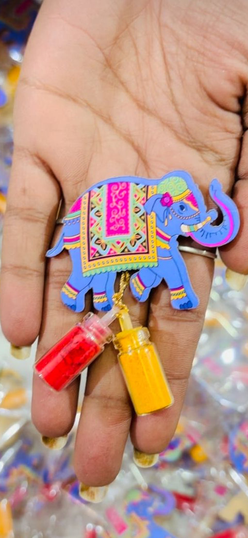Colorful elephant haldi kumkum container used for wedding ceremonies, pooja rituals, and traditional Indian functions