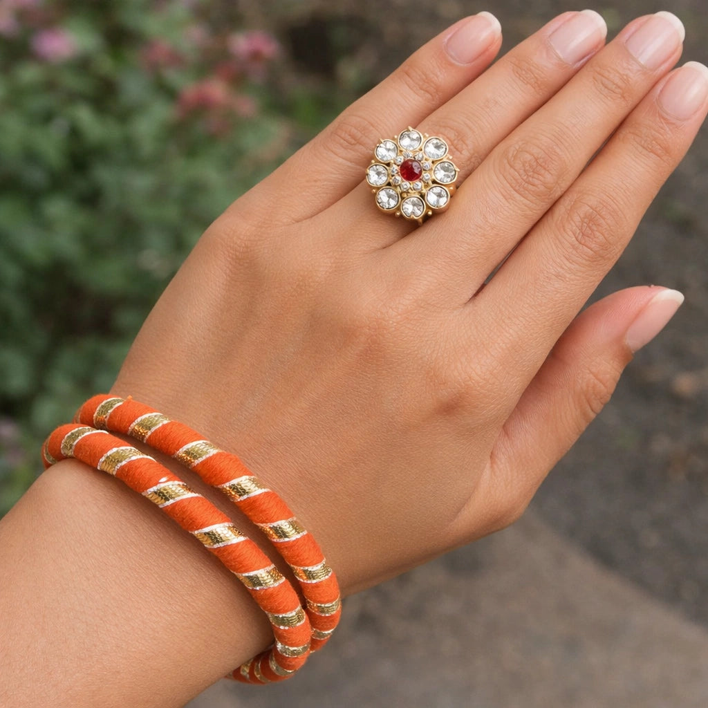 Beautiful colorful silk thread bangles with matching finger ring set for women, perfect for festive wear, weddings, and traditional outfits.