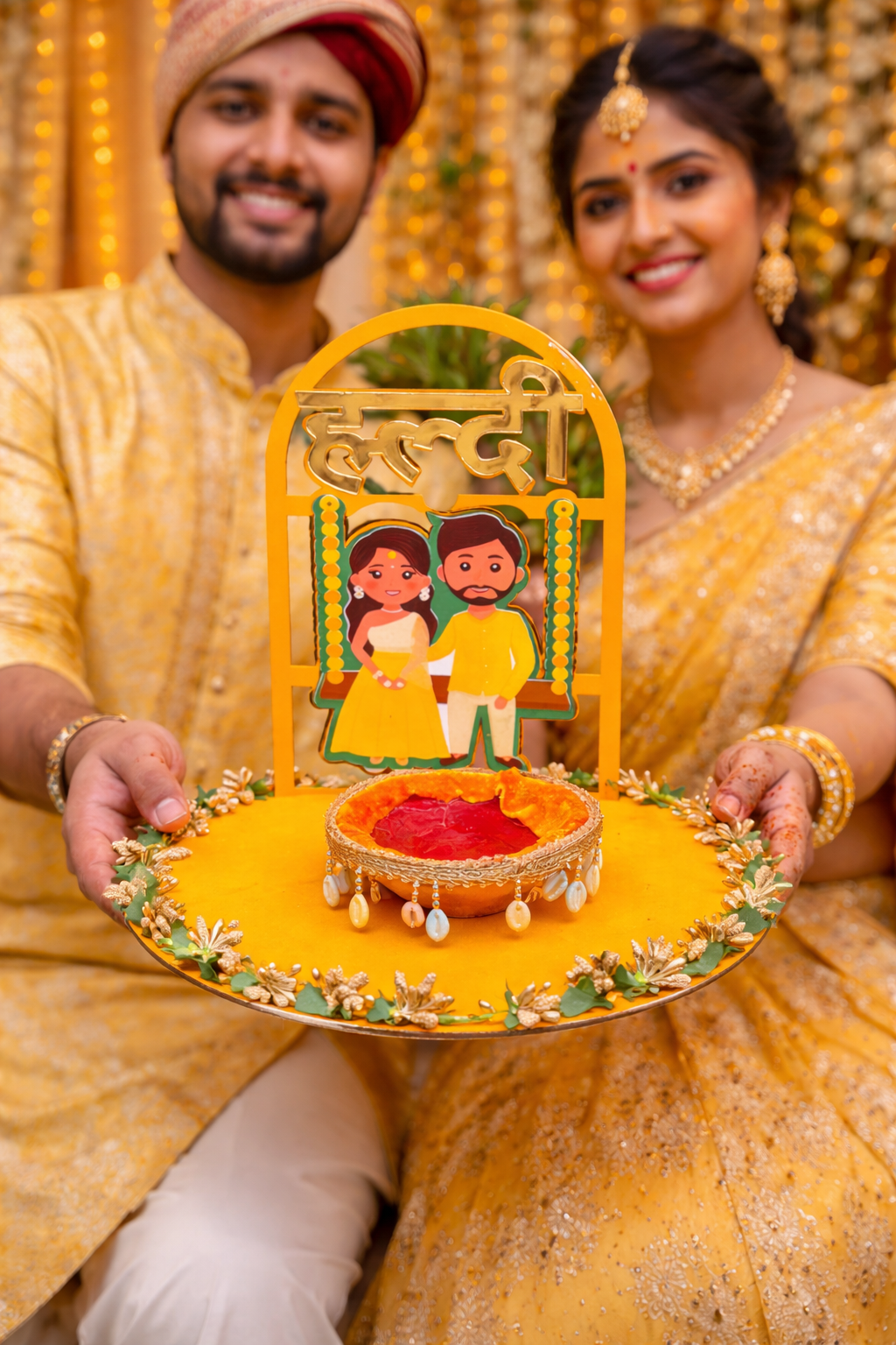 decorative haldi platter with couple cutout for pre wedding functions