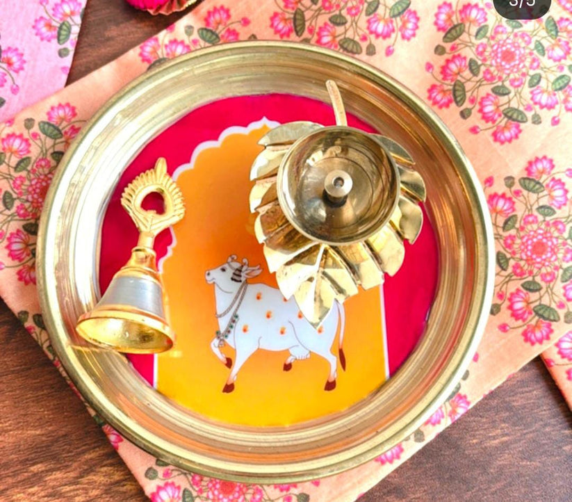 Cow design pooja thali set for daily worship and temple rituals