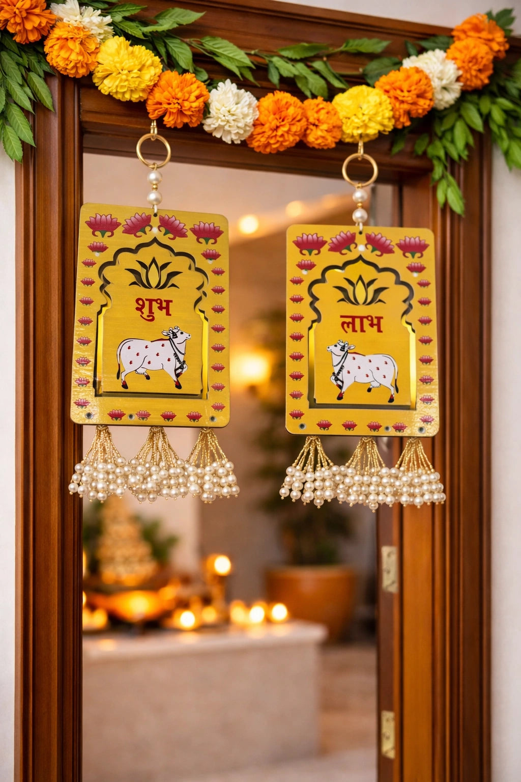 Traditional Shubh Labh hanging with cow design for mandir decor