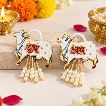 Traditional cow Shubh Labh wall hanging pair for Diwali main door, pooja room and Indian home decoration.