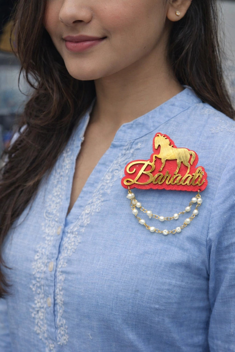 Custom Barati name brooch with personalized guest name in golden finish