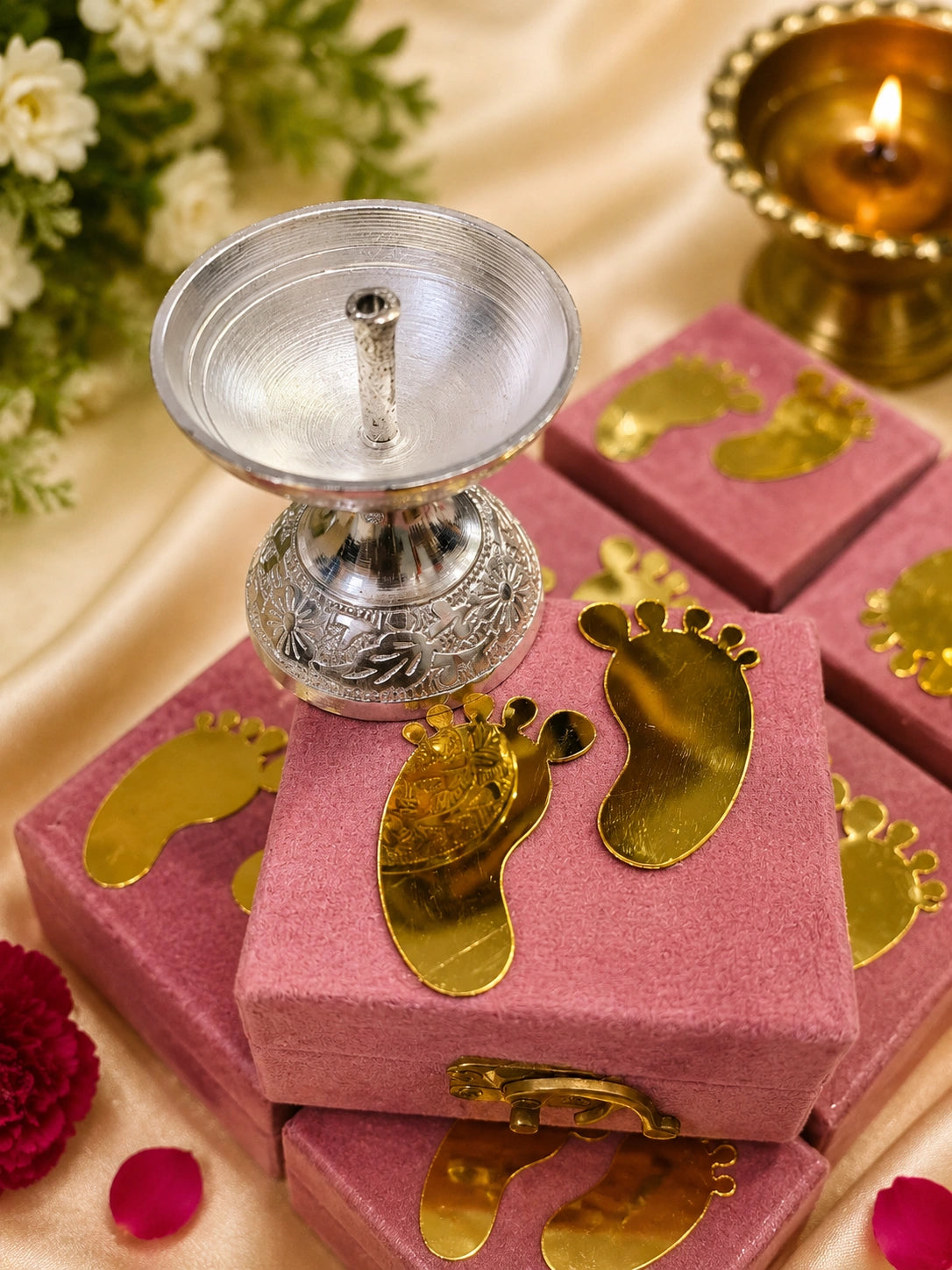 Personalized diya set for baby shower return gifts featuring custom name design and decorative traditional diya for Godh Bharai celebrations.