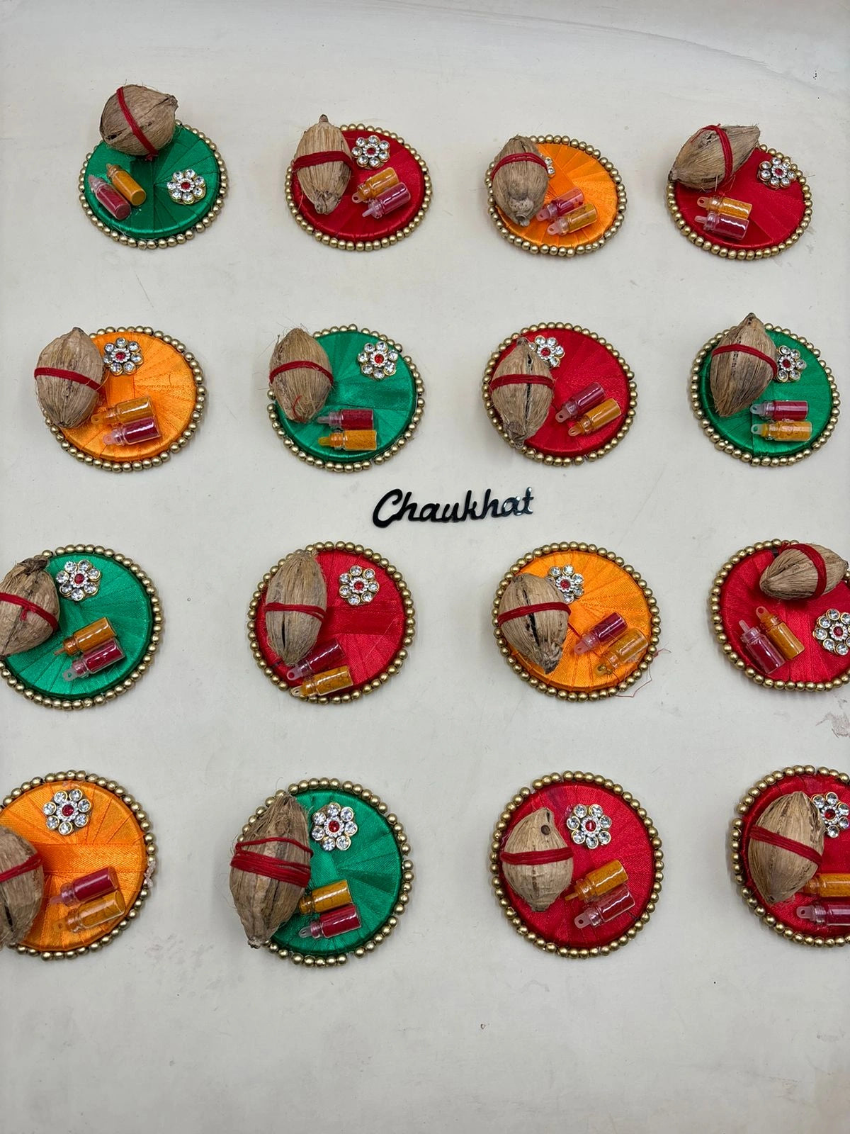 Decorative coconut pooja plate with haldi kumkum for Hindu rituals, griha pravesh and festive ceremonies