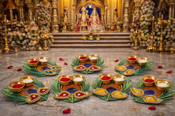 Decorative morpank roli chawal thali used for tilak, pooja rituals, and festive ceremonies