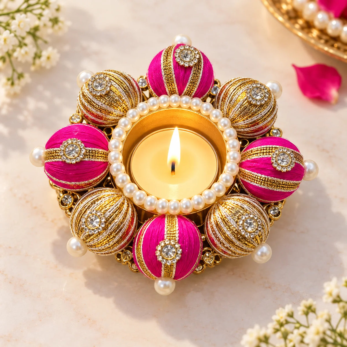 Decorative pink and gold tealight holder for Diwali, pooja and festive home decoration