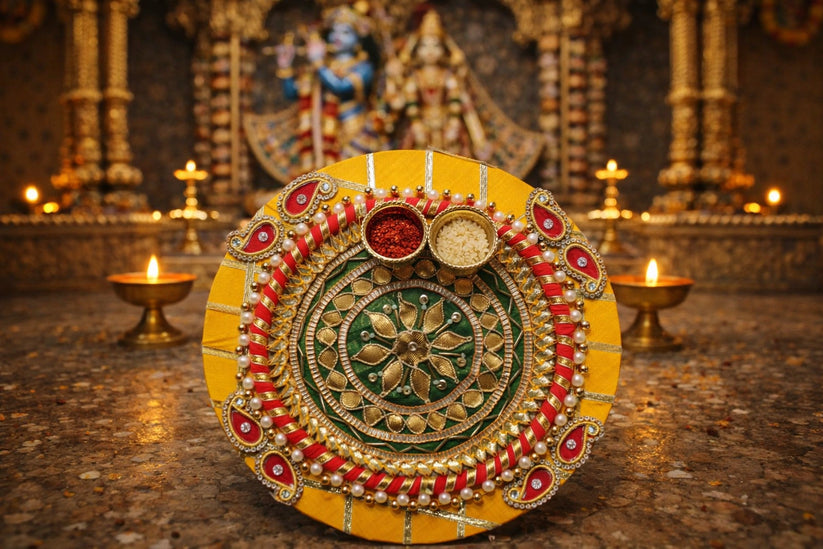 Traditional Gota Patti work roli chawal plate used for tilak and pooja during Indian festivals