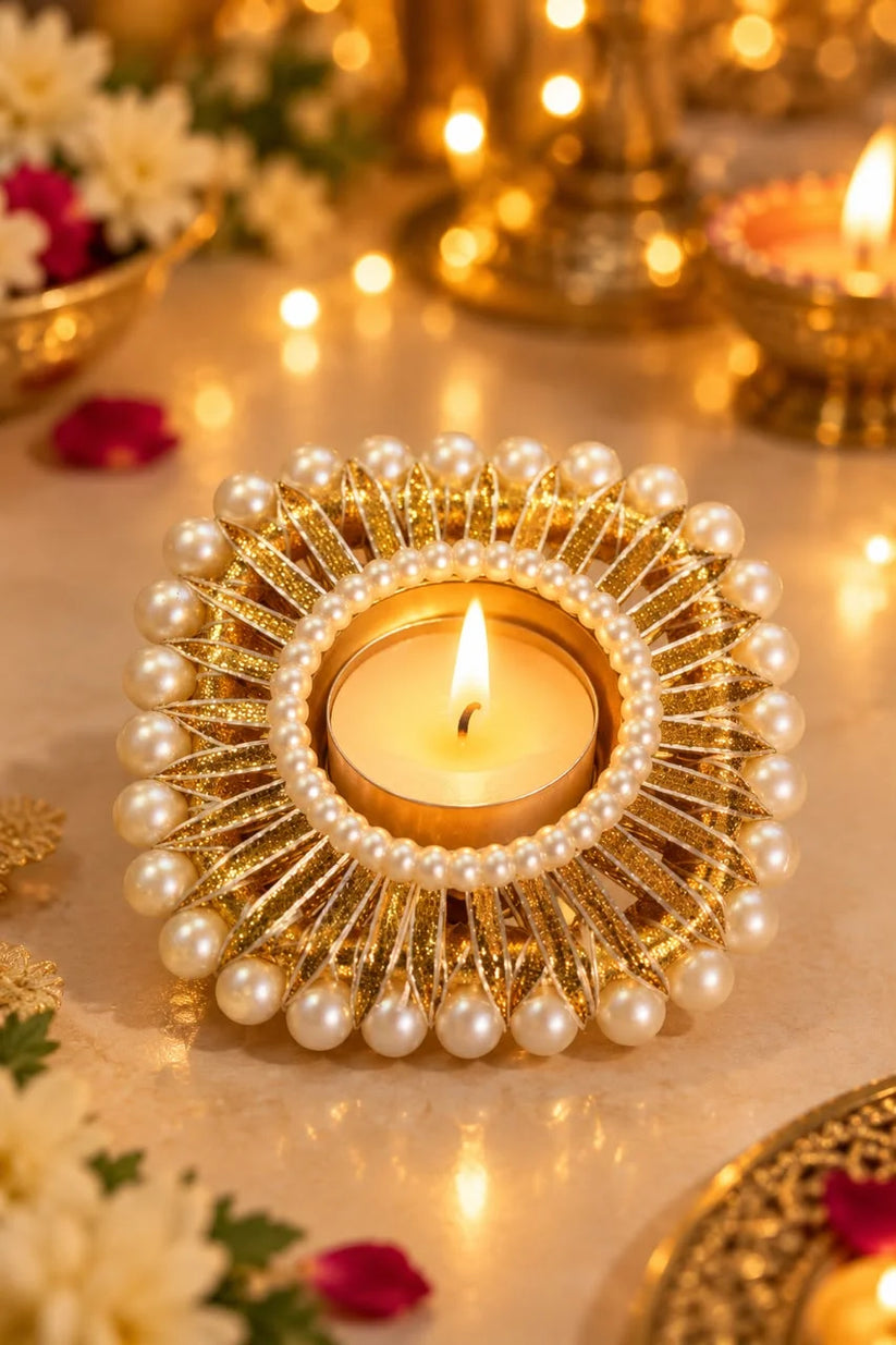 Decorative tea light holder for Diwali decoration, festive home decor and pooja room styling.