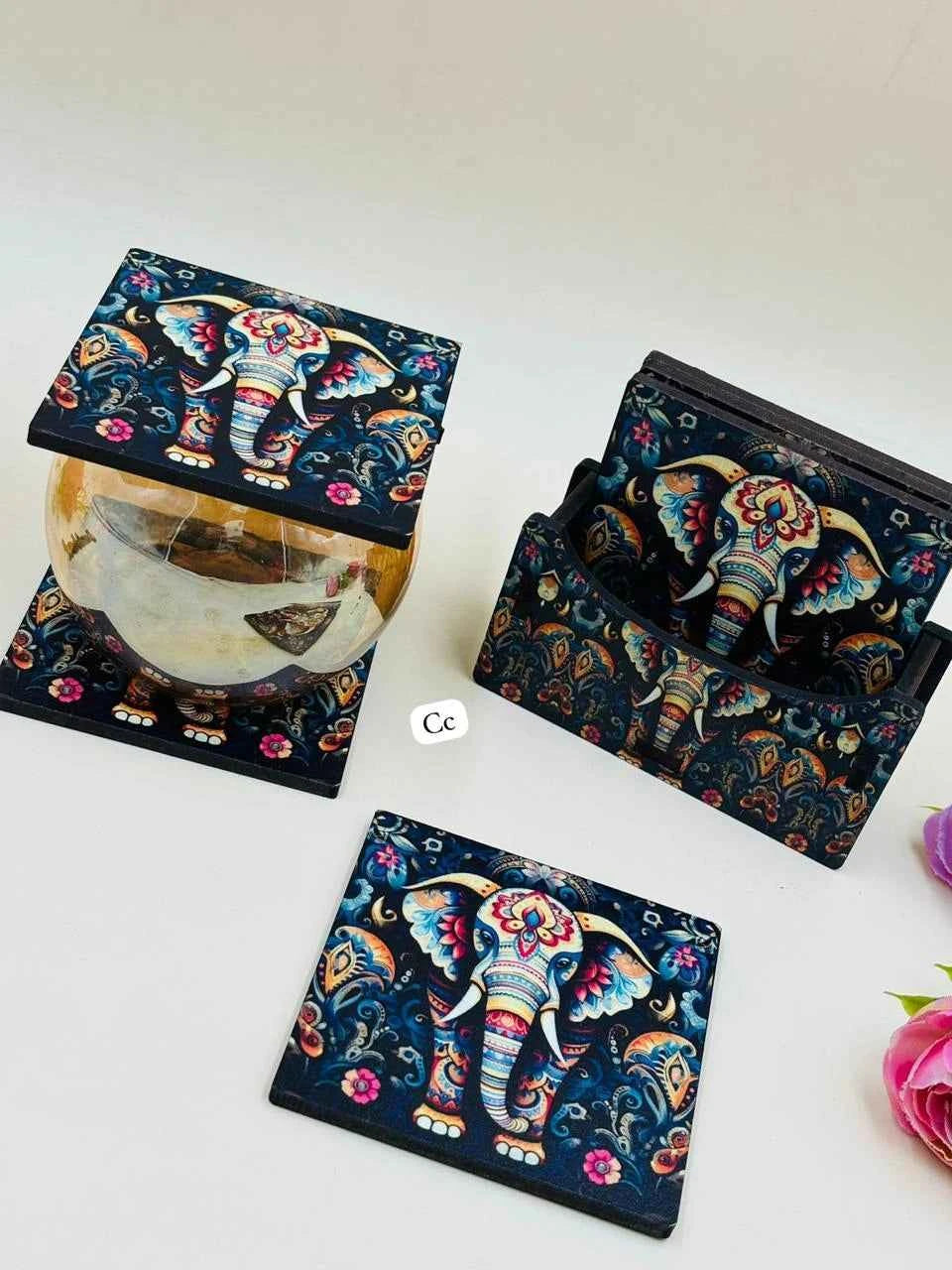 Premium Wooden Printed Coaster Set for Tea, Coffee & Glasses