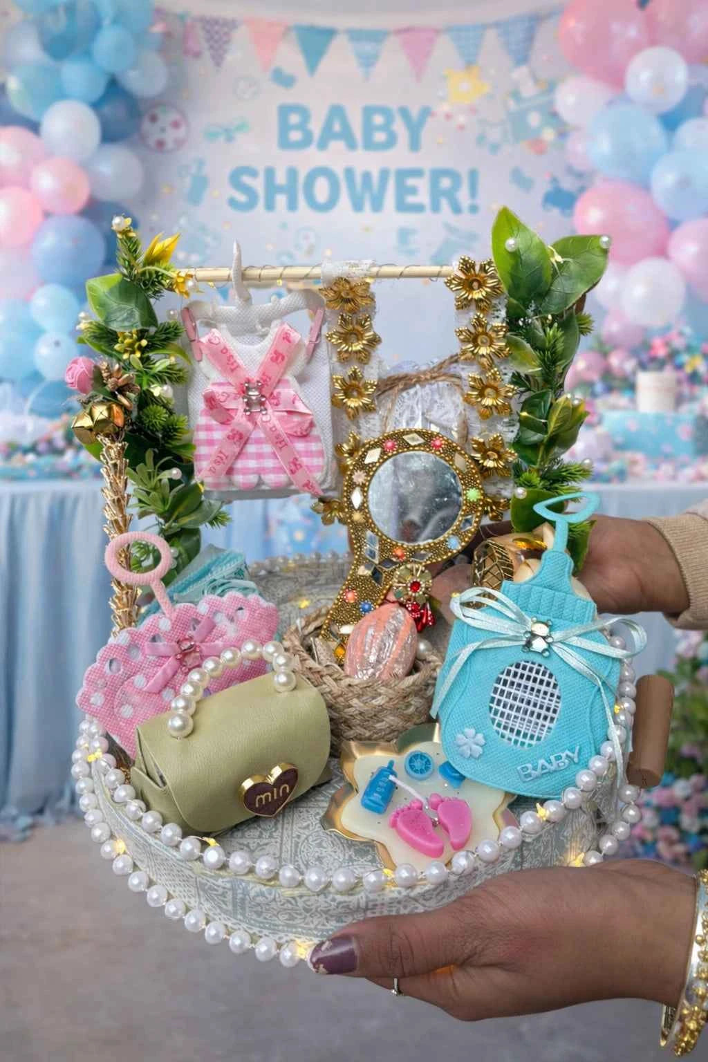 Newborn Baby Welcome Hamper Basket – Designer Gift Set for Baby Shower & Naming Ceremony
