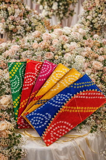 Rajasthani bandhani pattern ethnic clutch bag for women in traditional multicolor design perfect for wedding and festive occasions