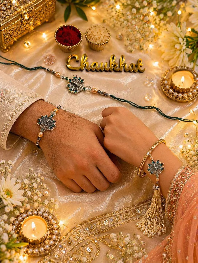 Traditional Peacock Rakhi & Lumba Set | Designer Bhai Bhabhi Rakhi with Beads & Tassel