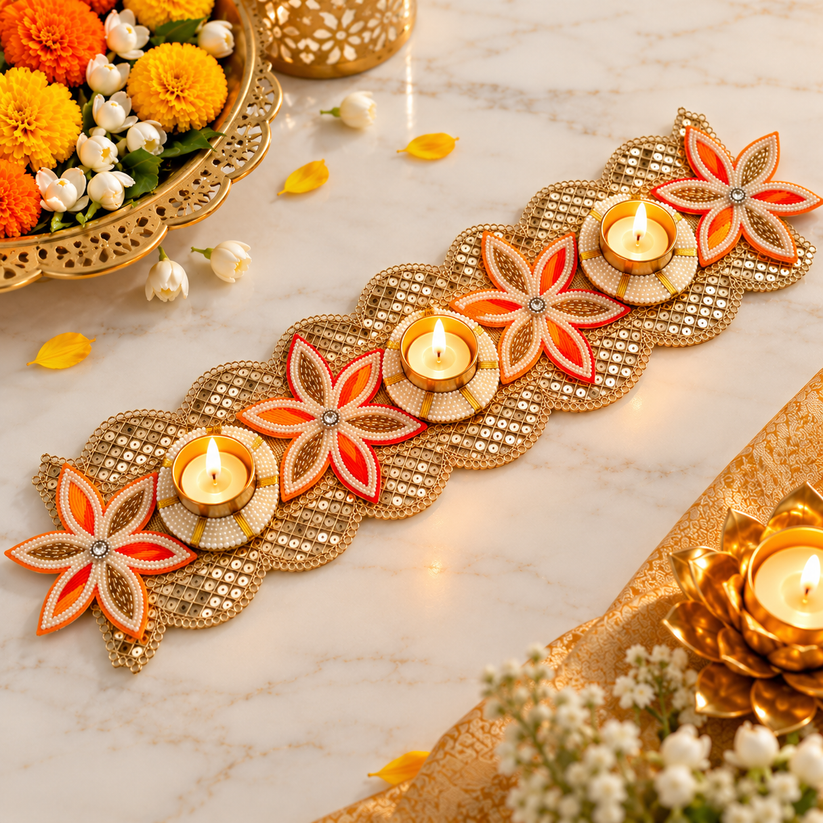 Designer Diwali tea light holder table runner for festive home and dining table decoration