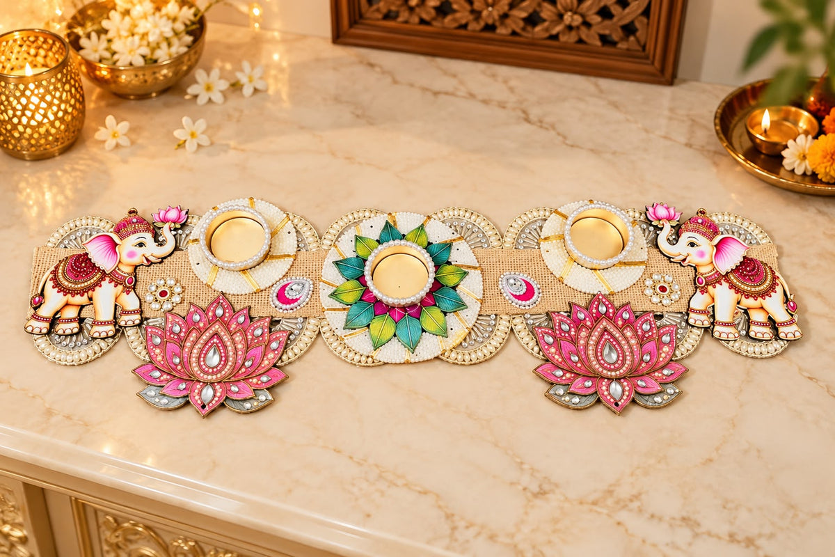 Designer elephant and lotus diya table runner with pearl embellishments and tea light holders for Diwali table decoration