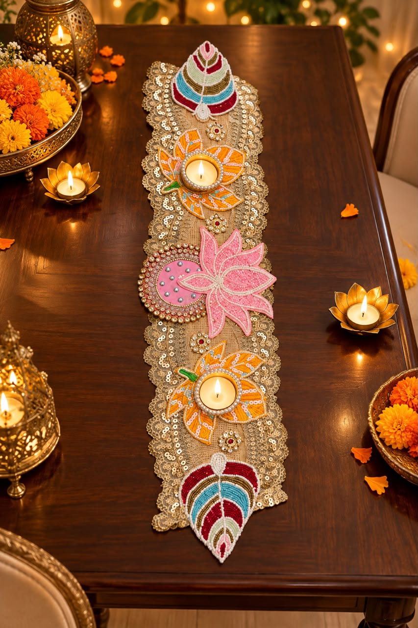 Designer embroidered tea light table runner with lotus motifs for Diwali table decoration.