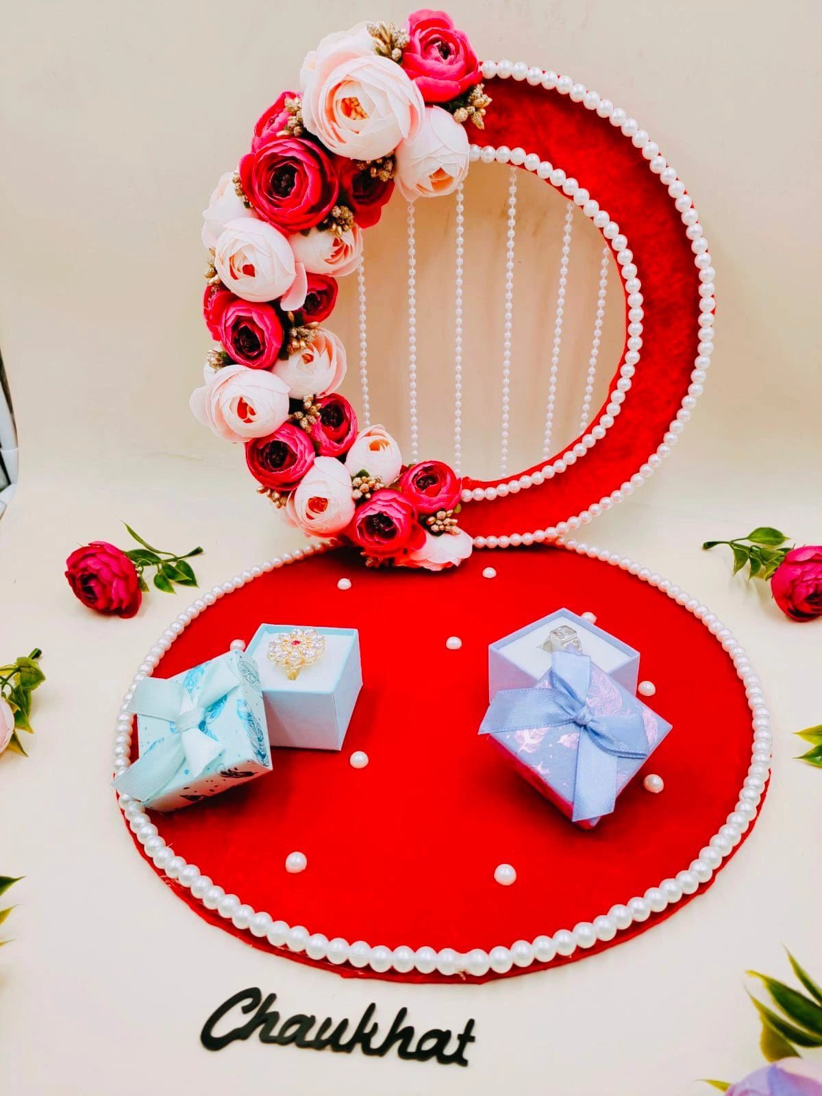 Designer engagement ring platter for proposal and ring ceremony with elegant handcrafted detailing