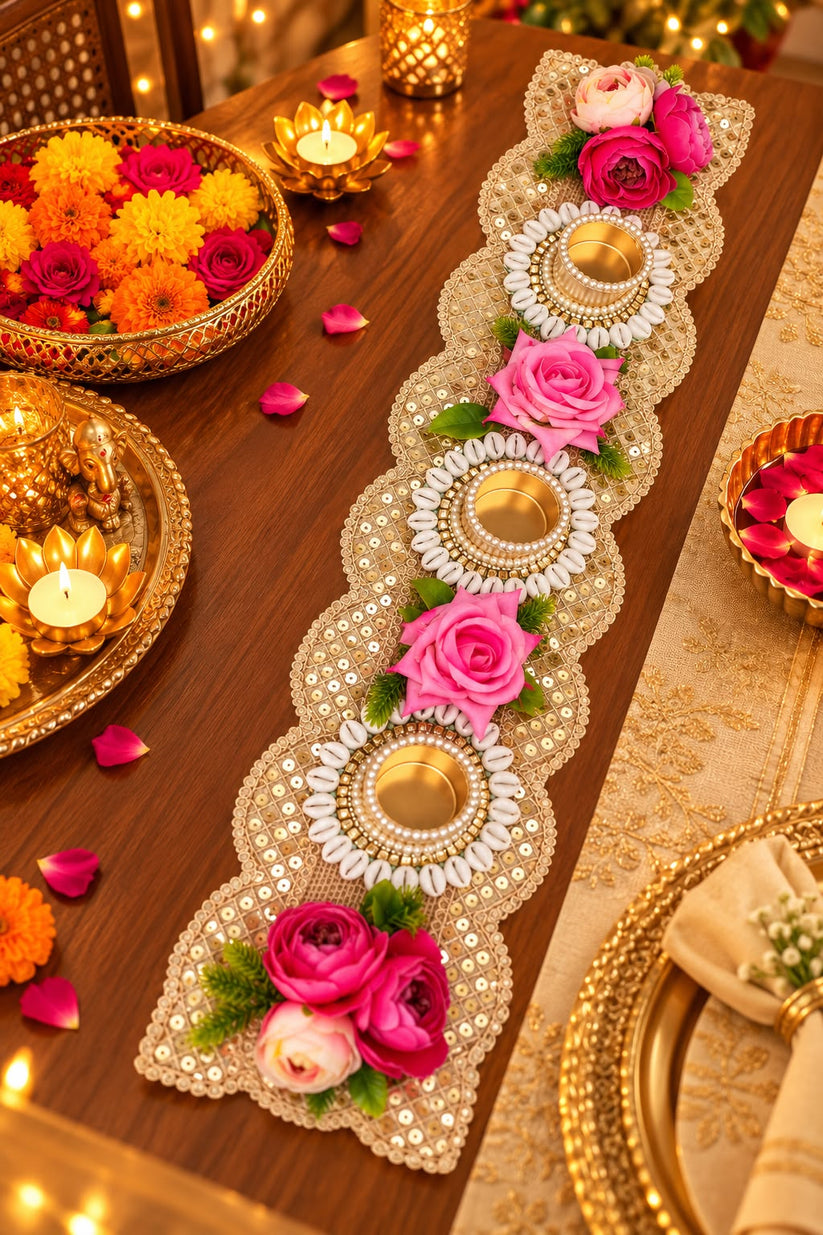 Floral lotus candle holder table runner displayed for pooja room and celebration decor.