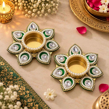 Designer Floral Tea Light Holder with Pearl & Crystal Work for Diwali & Pooja