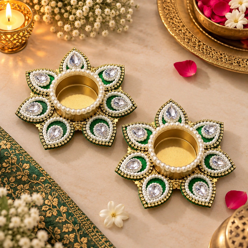 Designer floral tea light holder with pearl and crystal work for Diwali and pooja decoration