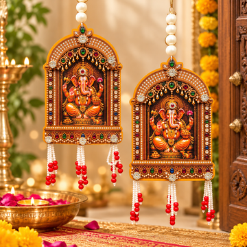 Designer Ganesh Ji decorative hanging pair with pearl beads and multicolour stone work for main door, pooja room and Diwali home decoration, 10 x 4 inches.