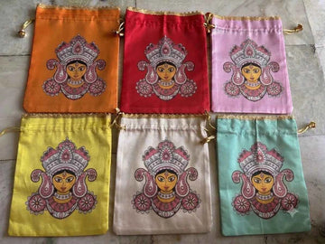 Designer Satin Goddess Durga Potli Bag | Festive Gift & Pooja Return Gift (1  Pieces )