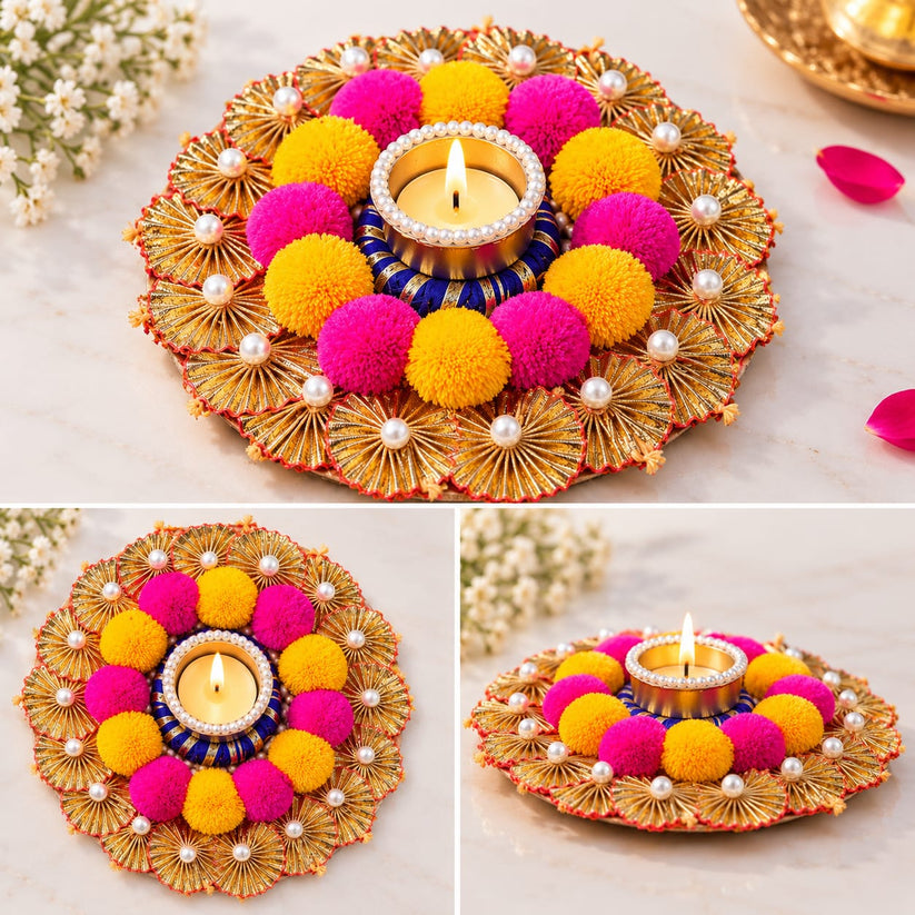 Designer handmade diya rangoli with pom pom and pearl work for Diwali decoration
