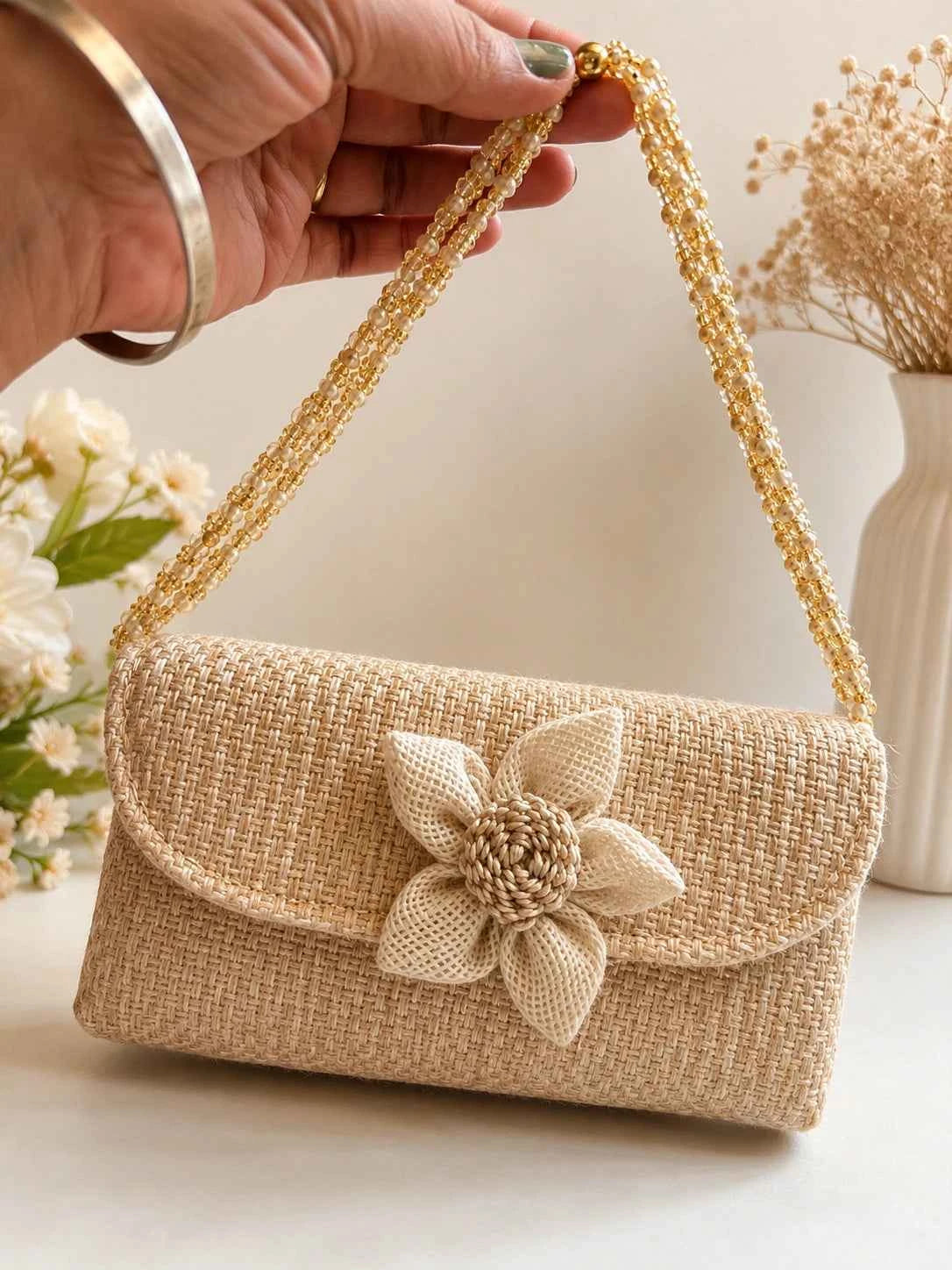 Designer Jute Sling Purse with Floral Decoration for Women | Handmade Eco-Friendly Crossbody Bag
