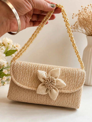 Designer Jute Sling Purse with Floral Decoration for Women | Handmade Eco-Friendly Crossbody Bag