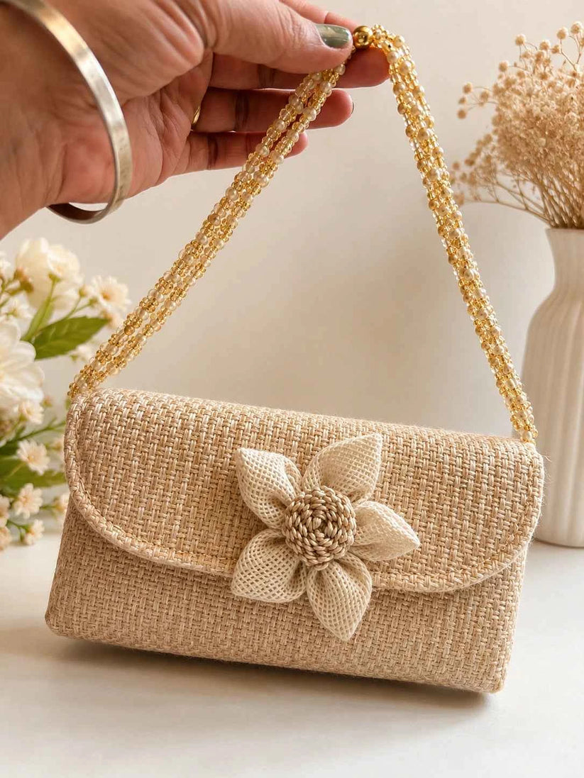 Designer Jute Sling Purse with Floral Decoration for Women | Handmade Eco-Friendly Crossbody Bag